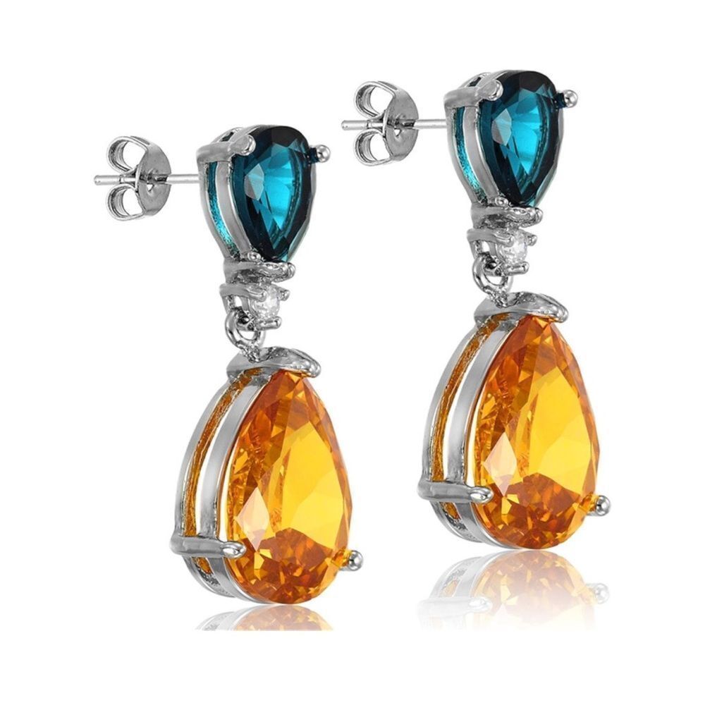18K White Gold with Blue Sapphire and Yellow Champagne Cubic ZIrconia Earrings - Picture 2 of 6